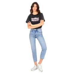 Damesjeans In Blauw, Halfhoog Model Met Nette Randen In 100% Katoen F.A.M. Paris Patricia